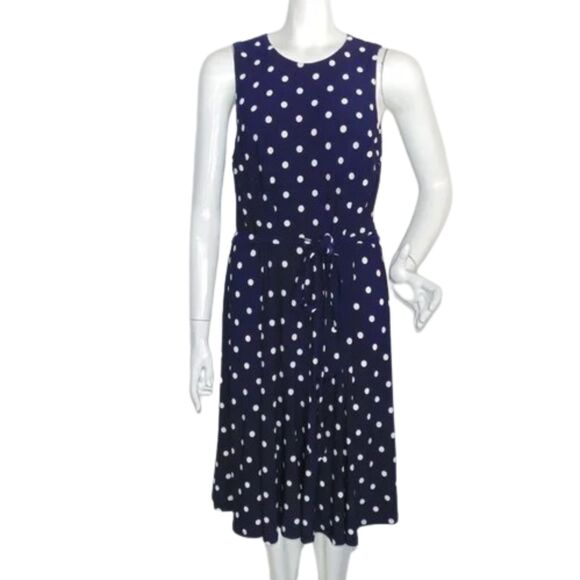 LRL Dress 14 Navy Blue, White Polka Dots, Sleeveless, Sash Belt, Keyhole back - Picture 1 of 11